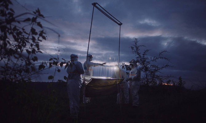 Investigadores de EcoHealth Alliance instalan una "trampa de arpa" para capturar murciélagos y tomar muestras./ National Geographic-Daniel Hollis. Christopher Golden: «El mundo animal está repleto de patógenos que nuestro sistema inmunitario nunca ha experimentado»
