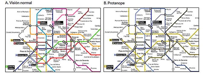 Comparación de la visión de plano de metro sin (A) y con (B) daltonismo. / Lillo et al. 2018. Las «gafas de corrección del daltonismo»: sin evidencia científica de que produzcan mejor visión del color